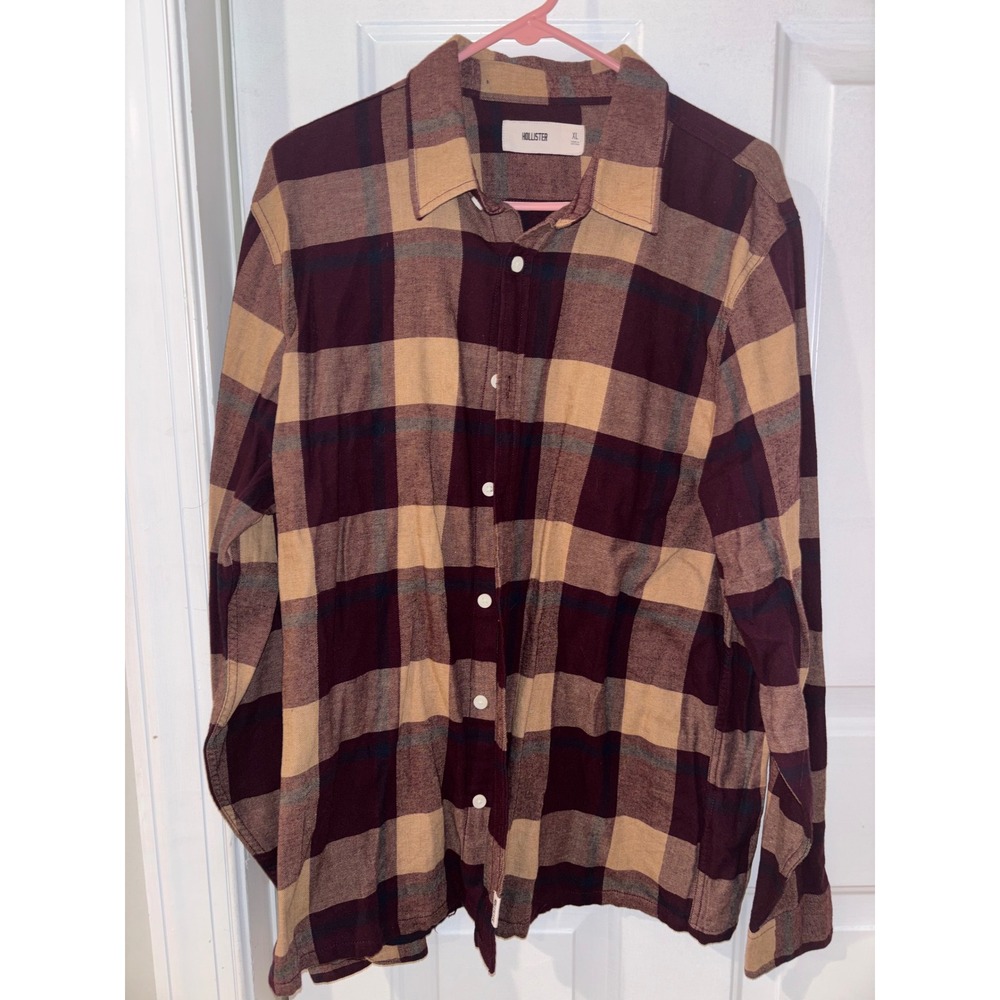 Hollister Mens‎ Flannel Shirt Burgundy Tan Plaid Long Sleeve Button Up XL